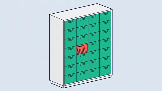Une armoire à tiroirs dont tous les tiroirs sont fermés sauf un, ouvert et laissant voir son contenu