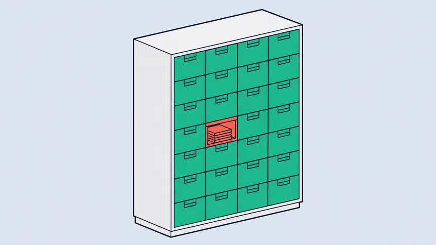Une armoire à tiroirs dont tous les tiroirs sont fermés sauf un, ouvert et laissant voir son contenu