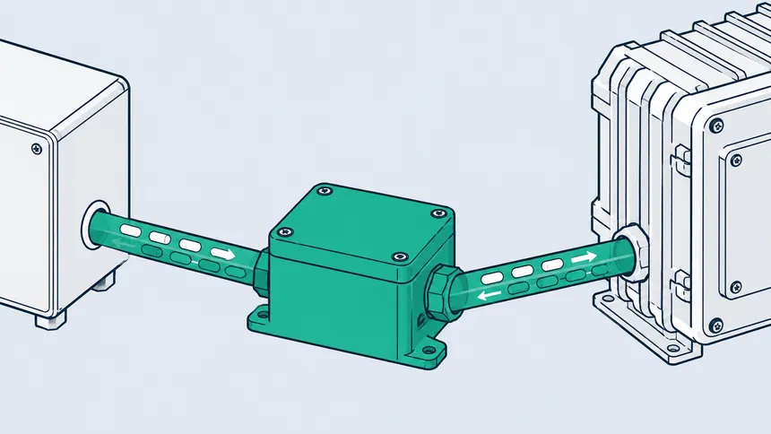 Deux machines reliées par un boîtier de raccordement, les flux circulant dans les deux sens